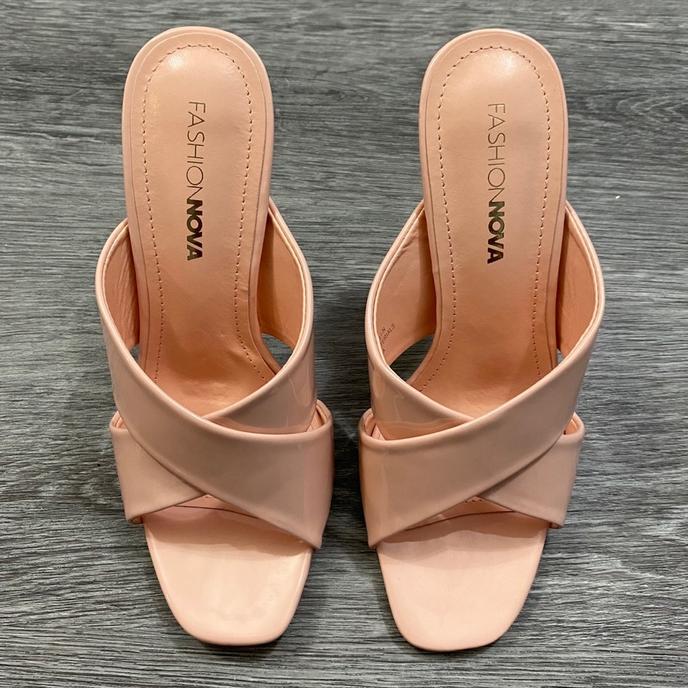 Fashion Nova nude shiny heeled slip on sandals